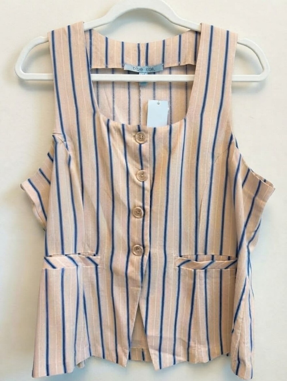 Blue Sol Striped Linen Blend Button Front Vest Preppy Coastal Nautical Resort